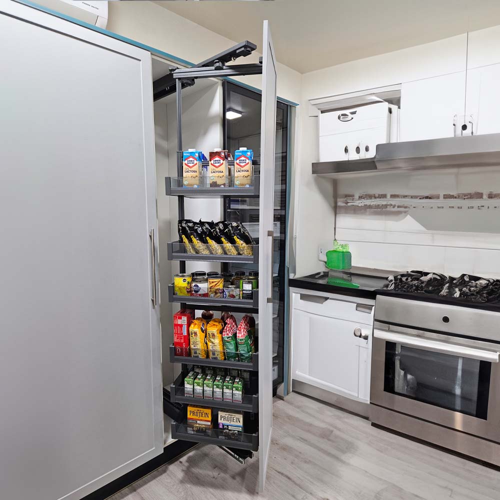 Columna extraíble giratoria 6 canastos aluminio y vidrio