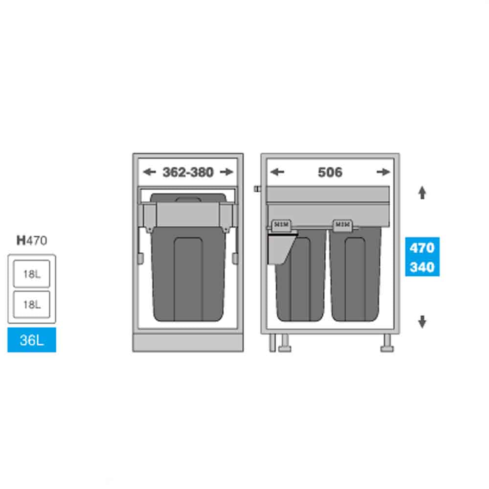 Basurero Reciclaje 2 contenedores gris anclado a puerta (36 litros)